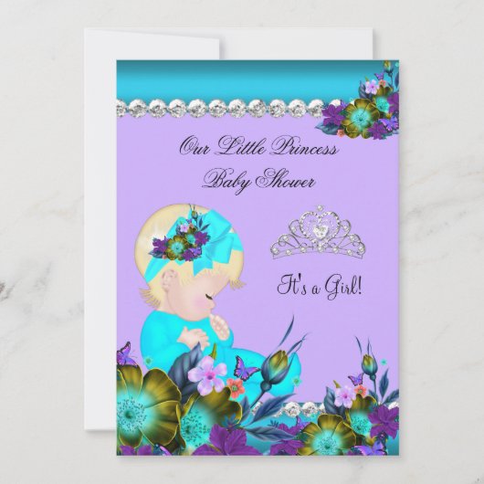 Invitation Bébé Princesse Fille Saumon Bleu Violet Blond (Devant)
