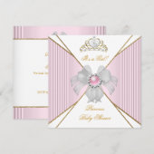 Invitation Bébé Princesse Fille Shower Blanc Rose Perle Or (Devant / Derrière)