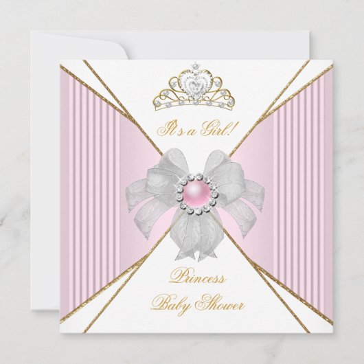 Invitation Bébé Princesse Fille Shower Blanc Rose Perle Or (Devant)