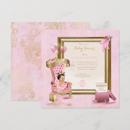Invitation Bébé Princesse Tutu Couronne Or Rose Royale (Devant / Derrière)
