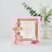 Invitation Bébé Princesse Tutu Couronne Or Rose Royale (Debout devant)