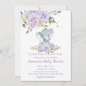 Invitation Bébé Purple Floral mignon Eléphant Baby shower fil (Devant)