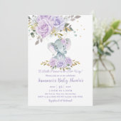 Invitation Bébé Purple Floral mignon Eléphant Baby shower fil (Debout devant)