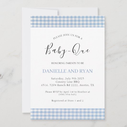Invitation Bébé Q Baby shower Barbecue À damiers Garçon Bleu (Devant)