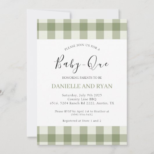 Invitation Bébé Q Baby shower Barbecue À damiers Sage Green (Devant)