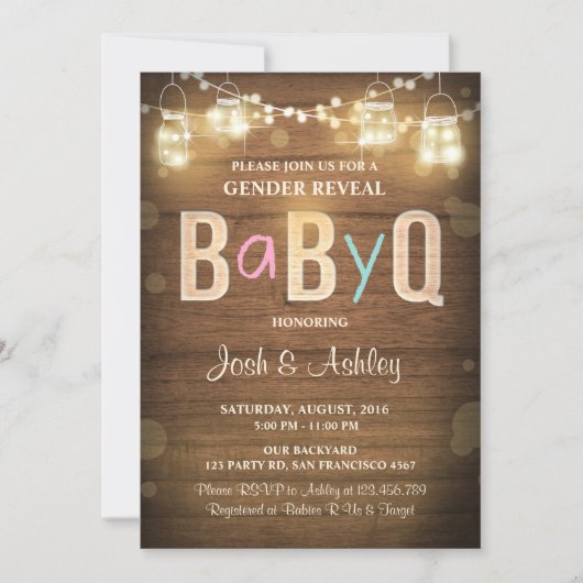 Invitation Bébé Q sexe révéler BBQ Baby shower Rustic Wood (Devant)