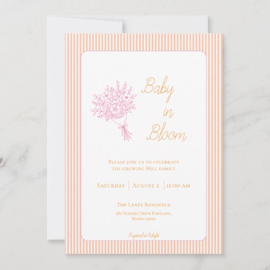 Invitation Bébé rayé pêche et rose dans la douche Fleurir (Devant)