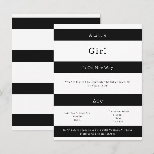 Invitation bébé rayures noir et blanc Linear Chic (Devant / Derrière)