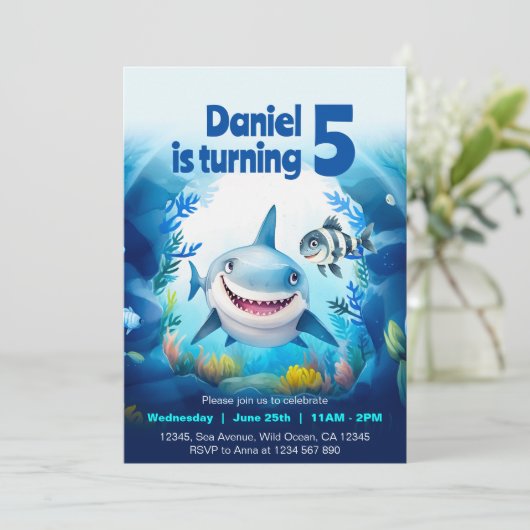 Invitation Bébé Requin Mignon Poisson Sous la Mer Garçon d'An (Debout devant)