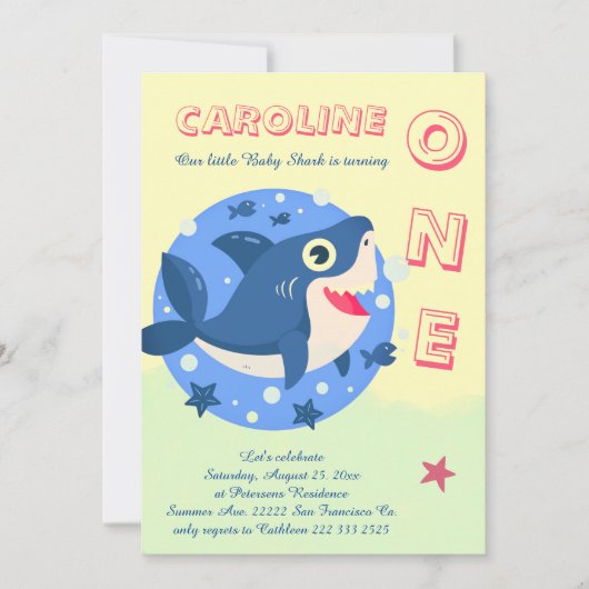 Invitation Bébé requin Premier anniversaire sous le jaune de (Devant)