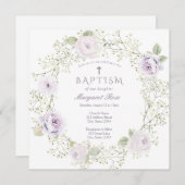 Invitation Bébé Respiration et violet Roses Fille Baptême (Devant / Derrière)