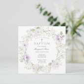 Invitation Bébé Respiration et violet Roses Fille Baptême (Debout devant)