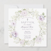 Invitation Bébé Respiration et violet Roses Fille Baptême (Devant)
