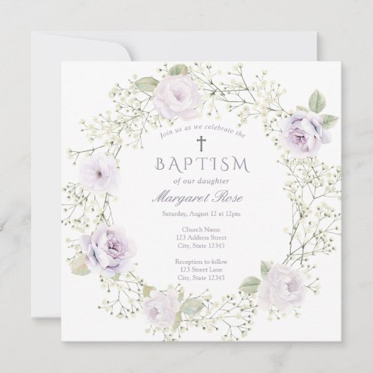 Invitation Bébé Respiration et violet Roses Fille Baptême (Devant)