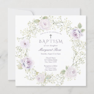Invitation Bébé Respiration et violet Roses Fille Baptême