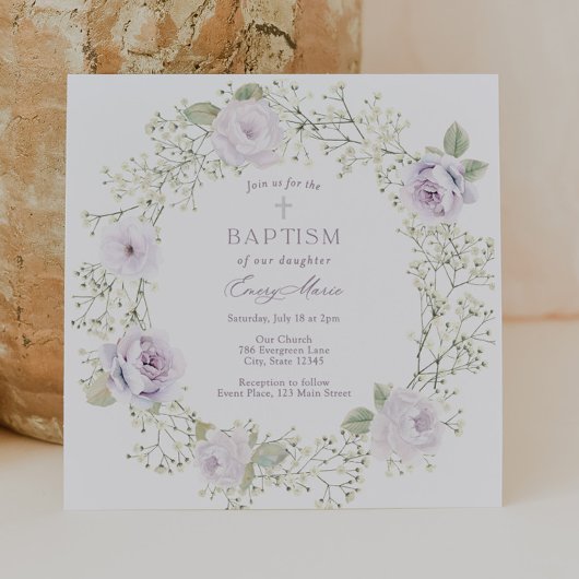 Invitation Bébé Respiration et violet Roses Fille Baptême