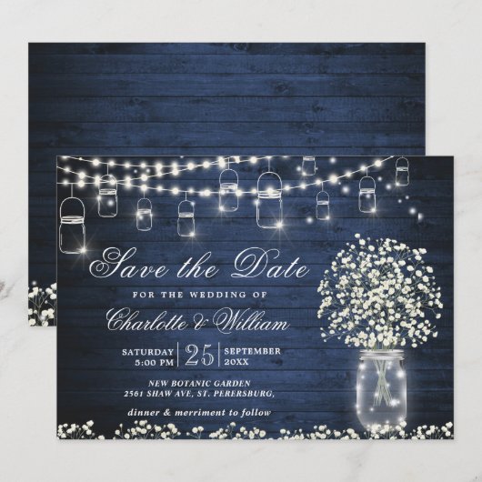 Invitation Bébé Respiration Pot Mason Rustique Bois Bleu Mari (Devant / Derrière)