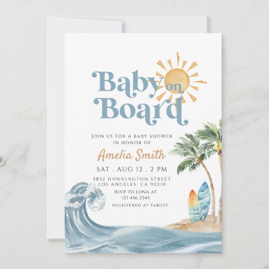 Invitation Bébé rétro à bord Surfboard Beach baby shower (Devant)