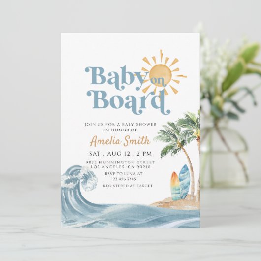 Invitation Bébé rétro à bord Surfboard Beach baby shower (Debout devant)