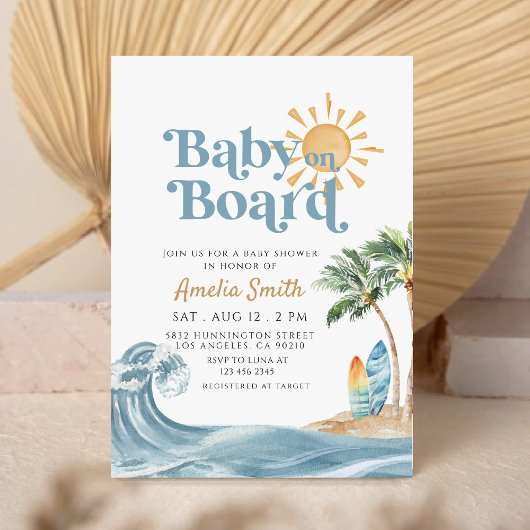 Invitation Bébé rétro à bord Surfboard Beach baby shower
