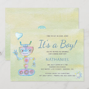 Invitation Bébé robot mignon bleu pastel c'est une douche pou