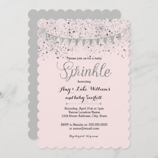 Invitation Bébé rose argent saupoudrer fille douche Invitatio (Devant / Derrière)