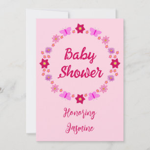 Invitation Bébé rose Baby shower papillons et fleurs