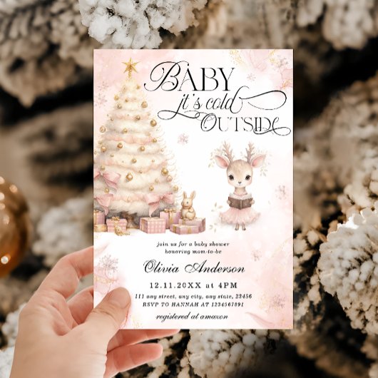 Invitation Bébé rose Bébé cerf il fait froid dehors Baby show