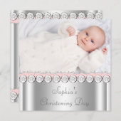 Invitation Bébé rose blanc fille Christening photo (Devant / Derrière)