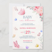 Invitation Bébé rose bleu dans le Fleur sauvage des papillons (Devant)