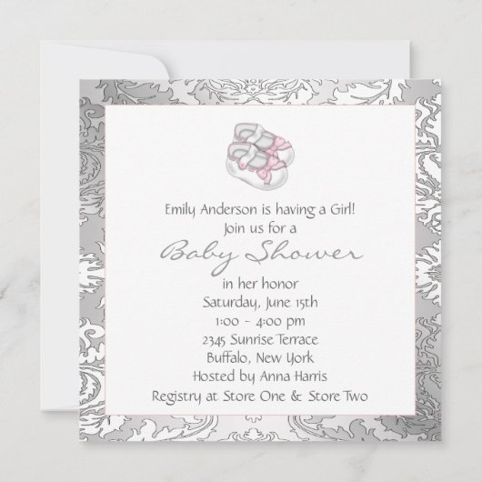Invitation Bébé rose Bonnett Damask Bébé Fille Douche (Dos)