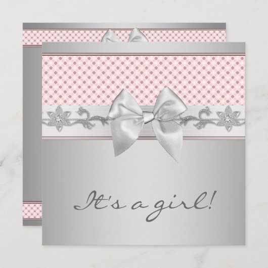 Invitation Bébé rose Bow fille douche (Devant / Derrière)