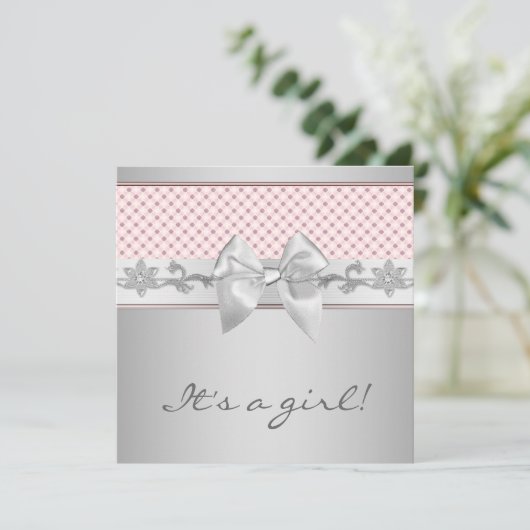 Invitation Bébé rose Bow fille douche (Debout devant)