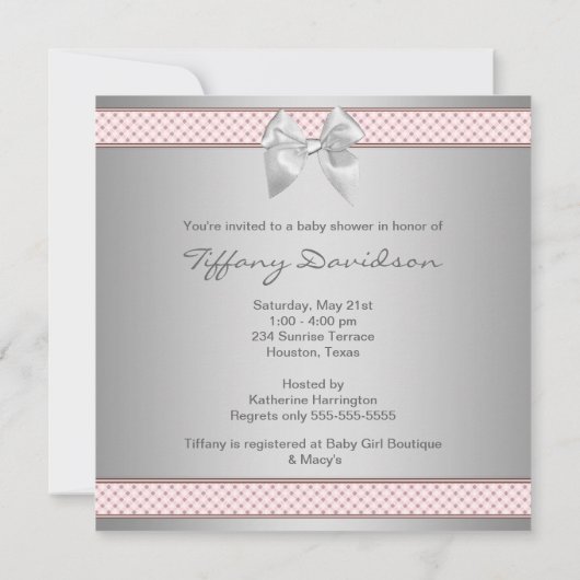 Invitation Bébé rose Bow fille douche (Dos)