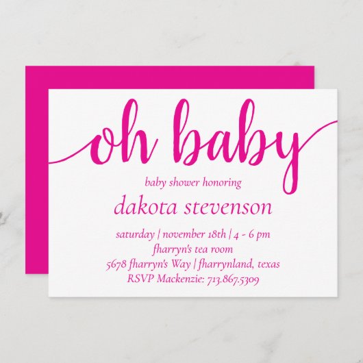 Invitation Bébé rose chaud simple | Douche à fleurs Magenta (Devant / Derrière)