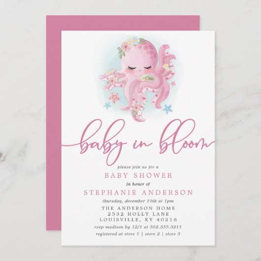 Invitation Bébé rose Cute Octopus Dans Le Baby shower En Fleu (Devant / Derrière)