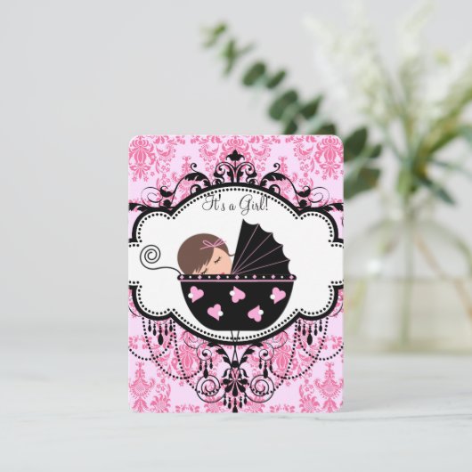 Invitation Bébé rose Damask fille Douche (Debout devant)