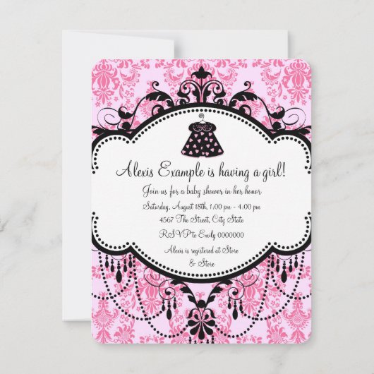 Invitation Bébé rose Damask fille Douche (Dos)