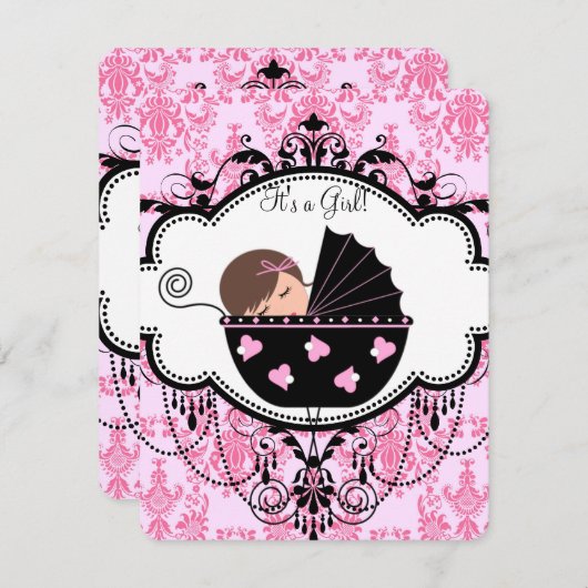 Invitation Bébé rose Damask fille Douche (Devant / Derrière)