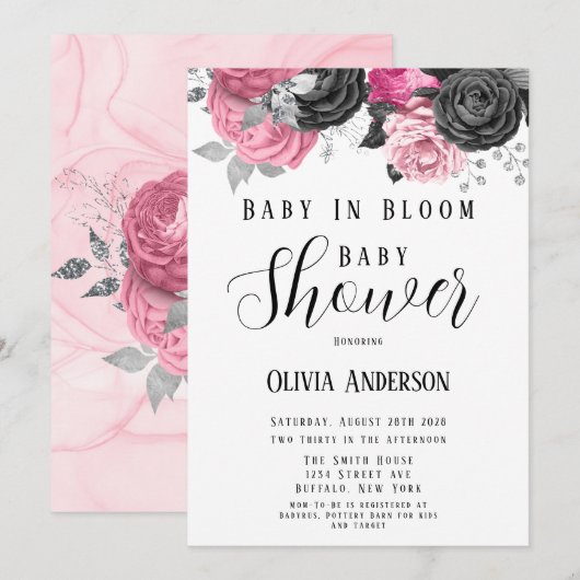 Invitation Bébé Rose De Luxe En Fleur Baby shower Invita (Devant / Derrière)