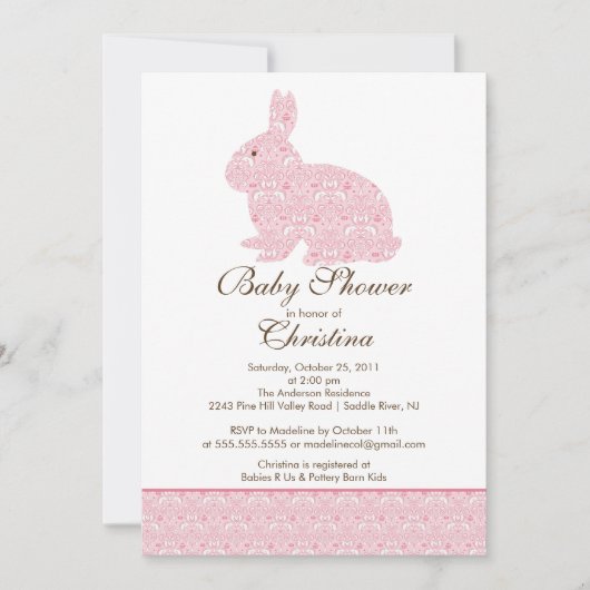 Invitation Bébé rose d'invitation de baby shower de lapin de (Devant)