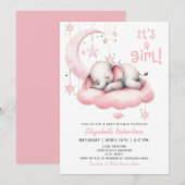 Invitation Bébé rose Eléphant Lune Étoiles Fille Baby shower (Devant / Derrière)