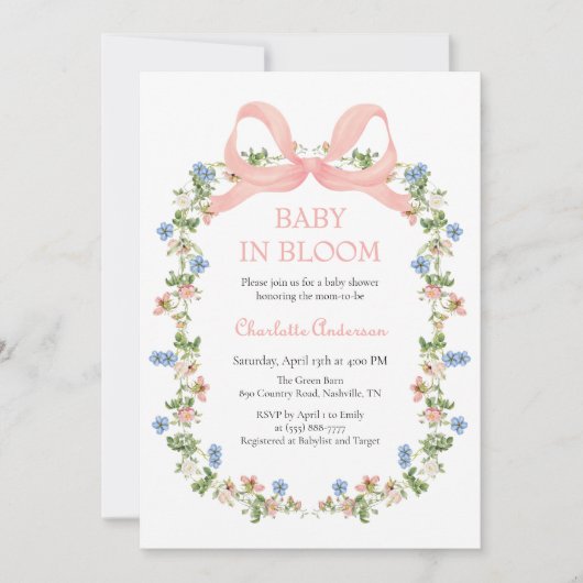 Invitation Bébé rose en Baby shower fleuri (Devant)