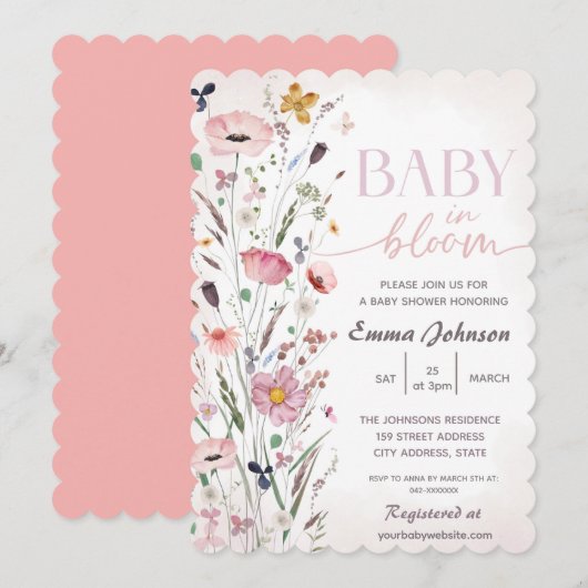 Invitation Bébé rose en fleur Baby shower Fleur sauvage (Devant / Derrière)