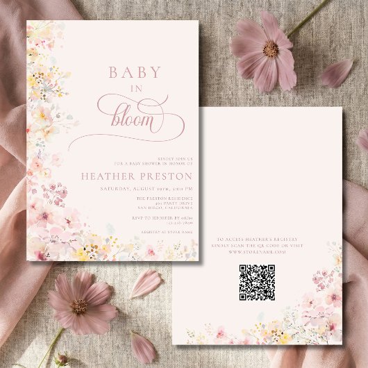 Invitation Bébé Rose En Fleur Code QR Baby Shower