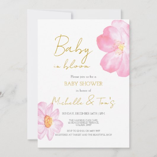 Invitation Bébé rose en fleurs (Devant)
