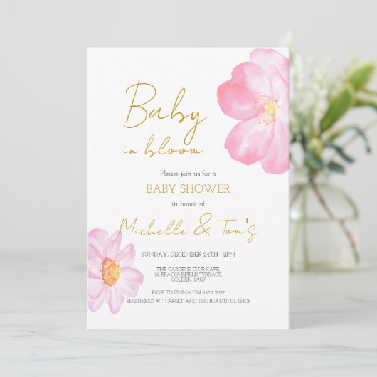 Invitation Bébé rose en fleurs (Debout devant)