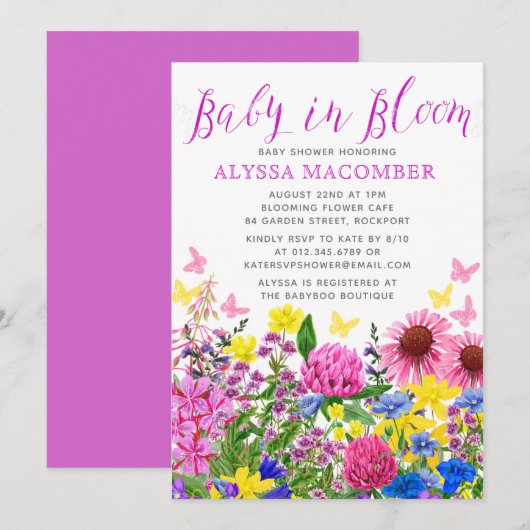 Invitation Bébé rose en fleurs Baby shower floral (Devant / Derrière)