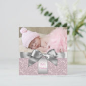Invitation Bébé rose et gris fille Christening photo (Debout devant)