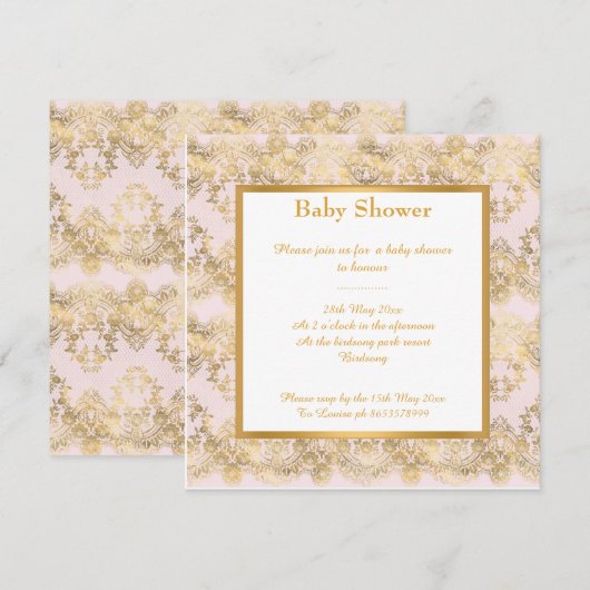 INVITATION BÉBÉ ROSE ET OR STUNNING MOTIF BABY SHOWER (Devant / Derrière)